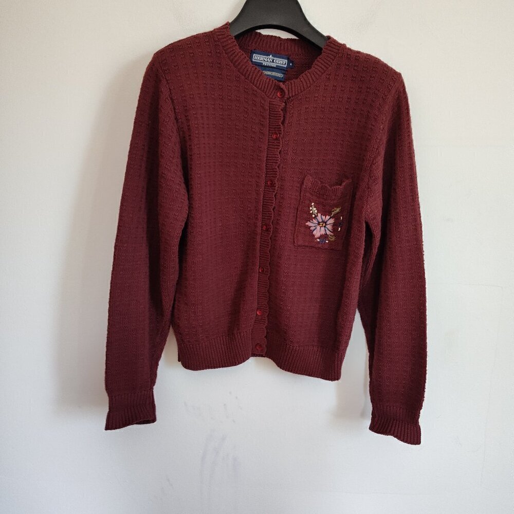 Ladies Petite SZ P Vintage Herman Geist Burgundy Cardigan Sweater